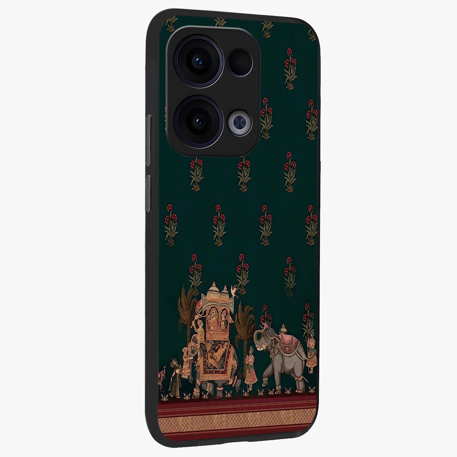 Macmerise Glass Case upright view showcasing bold artistic artwork with contemporary design theme.