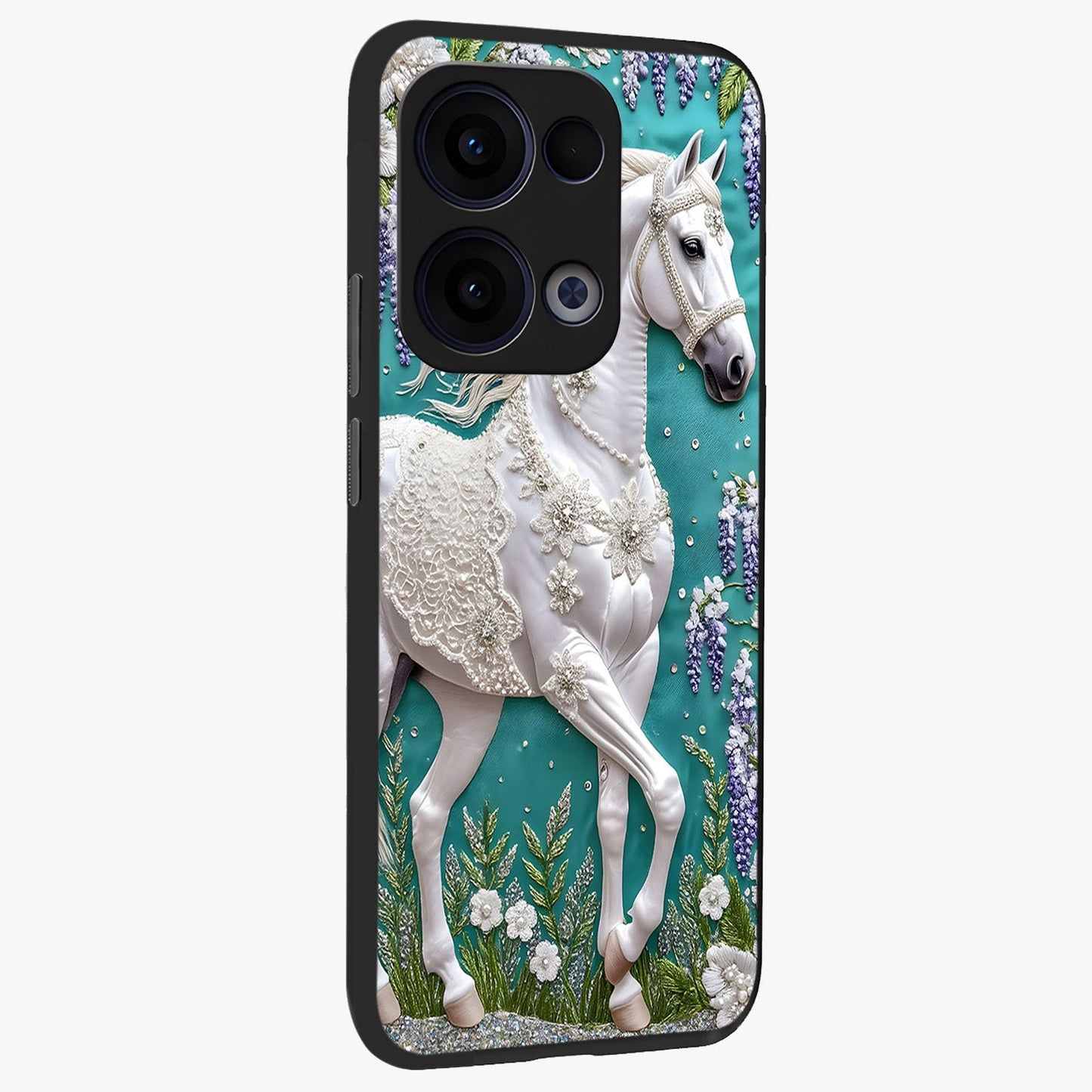 Majestic Floral Stallion Glass Case upright view showcasing dramatic horse artwork with decorative floral theme.