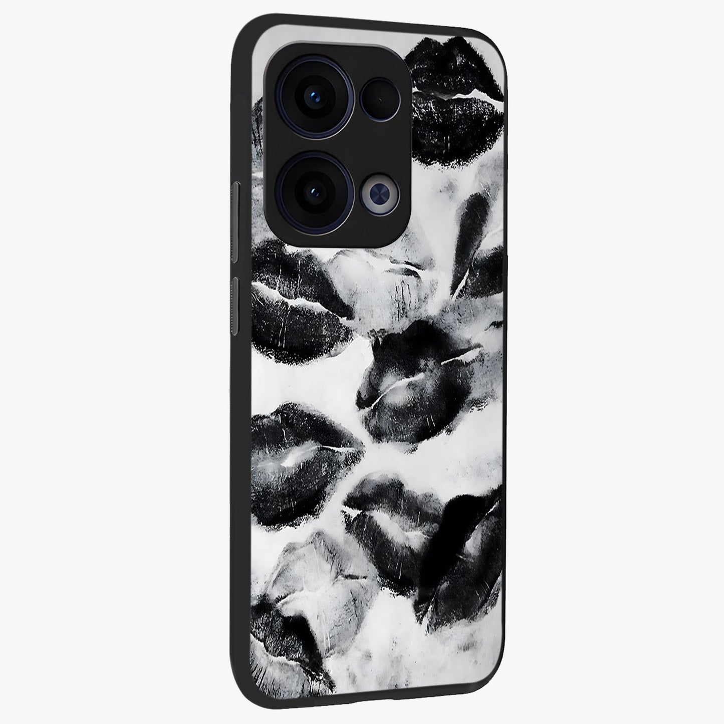 Midnight Kiss Marks Glass Case upright view showcasing stylish kiss mark artwork with trendy romantic theme.