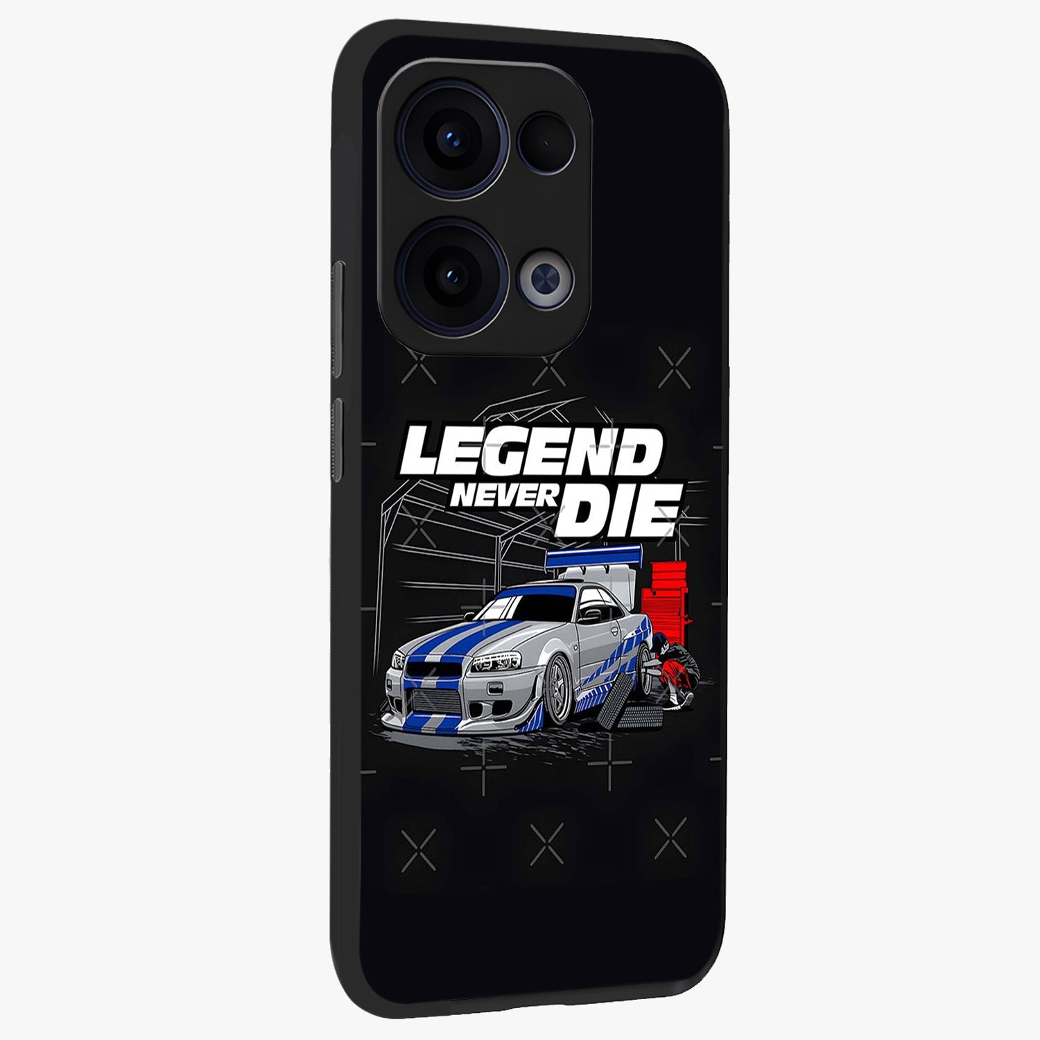 Midnight Racing Legacy Glass Case upright view showcasing powerful racing artwork with modern sports theme.