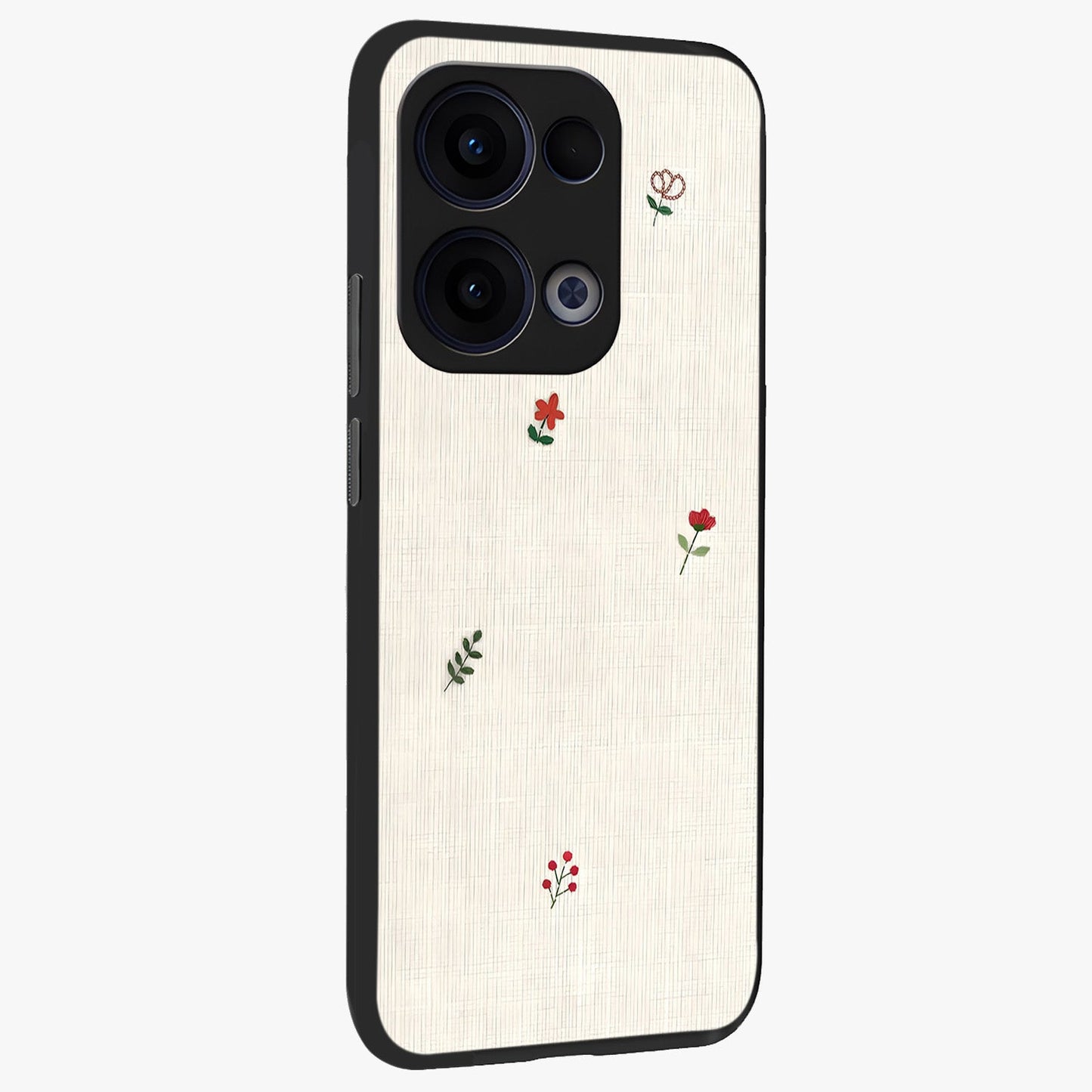 Minimal Petal Whispers Glass Case upright view showcasing elegant floral artwork with modern minimalist style.