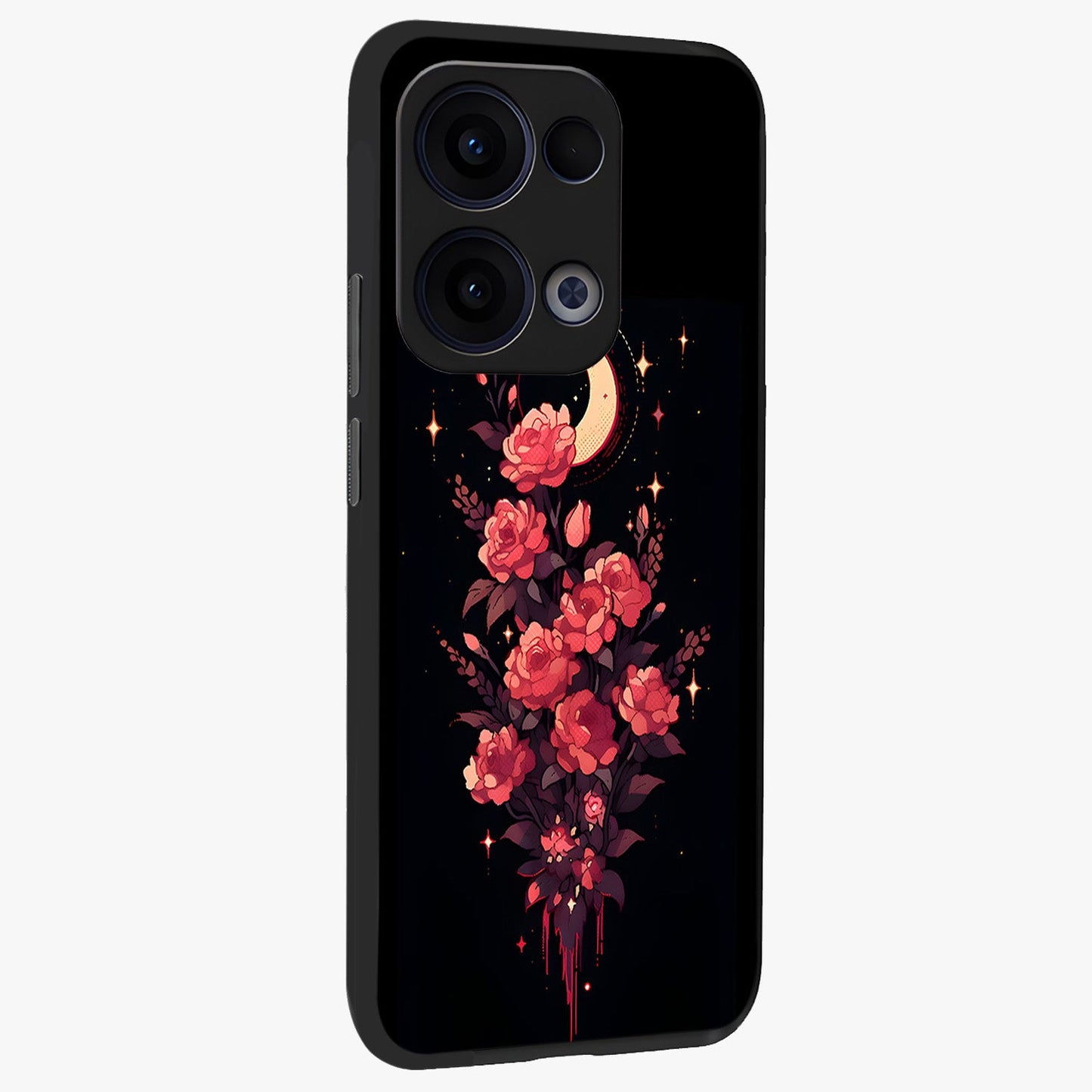 Moonlit Floral Elegance Glass Case upright view showcasing delicate floral artwork with refined night inspired theme.