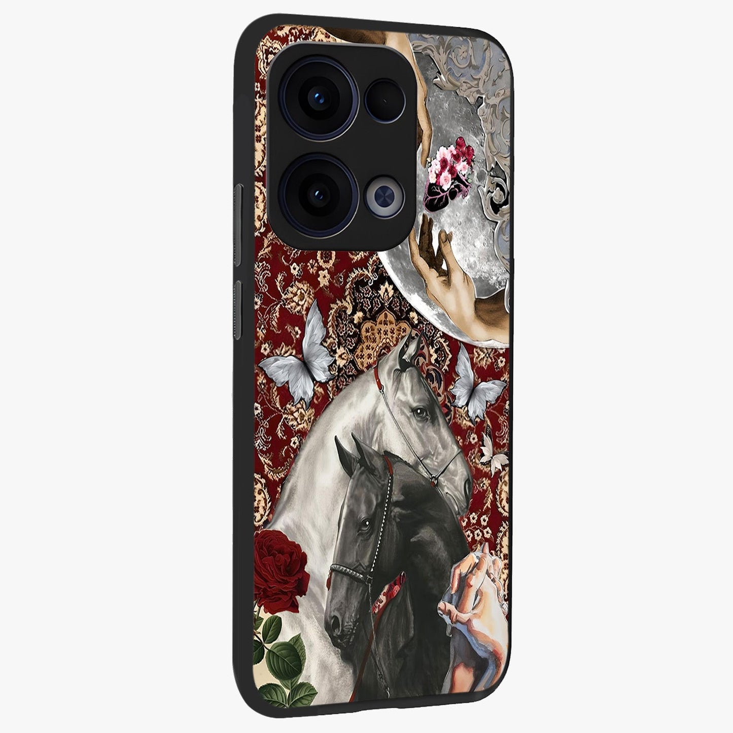 Moonlit Royal Stallion Glass Case upright view showcasing dramatic horse artwork with glowing moon themed design.