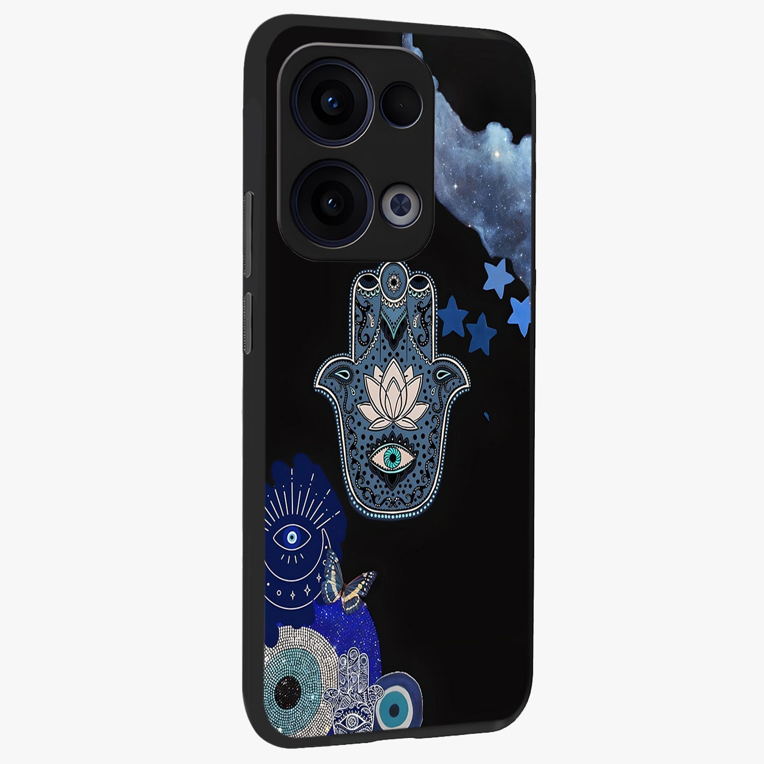 Mystic Hand Aura Glass Case upright view showcasing symbolic hand artwork with mystical energy theme.