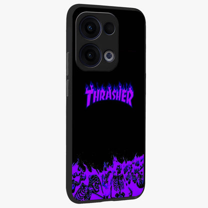 Neon Flame Riot Glass Case upright view showcasing dynamic flame artwork with energetic neon theme.