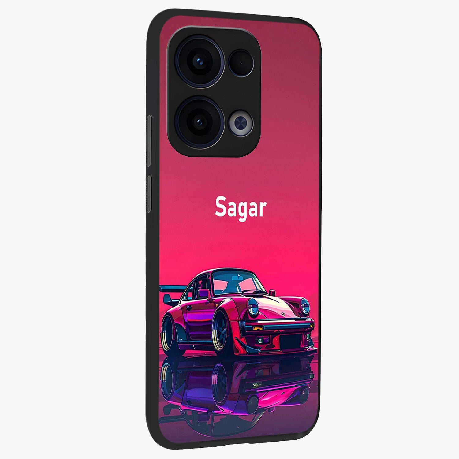 Neon Pink Porsche Glass Case upright view showcasing vibrant sports car artwork with bold automotive theme.