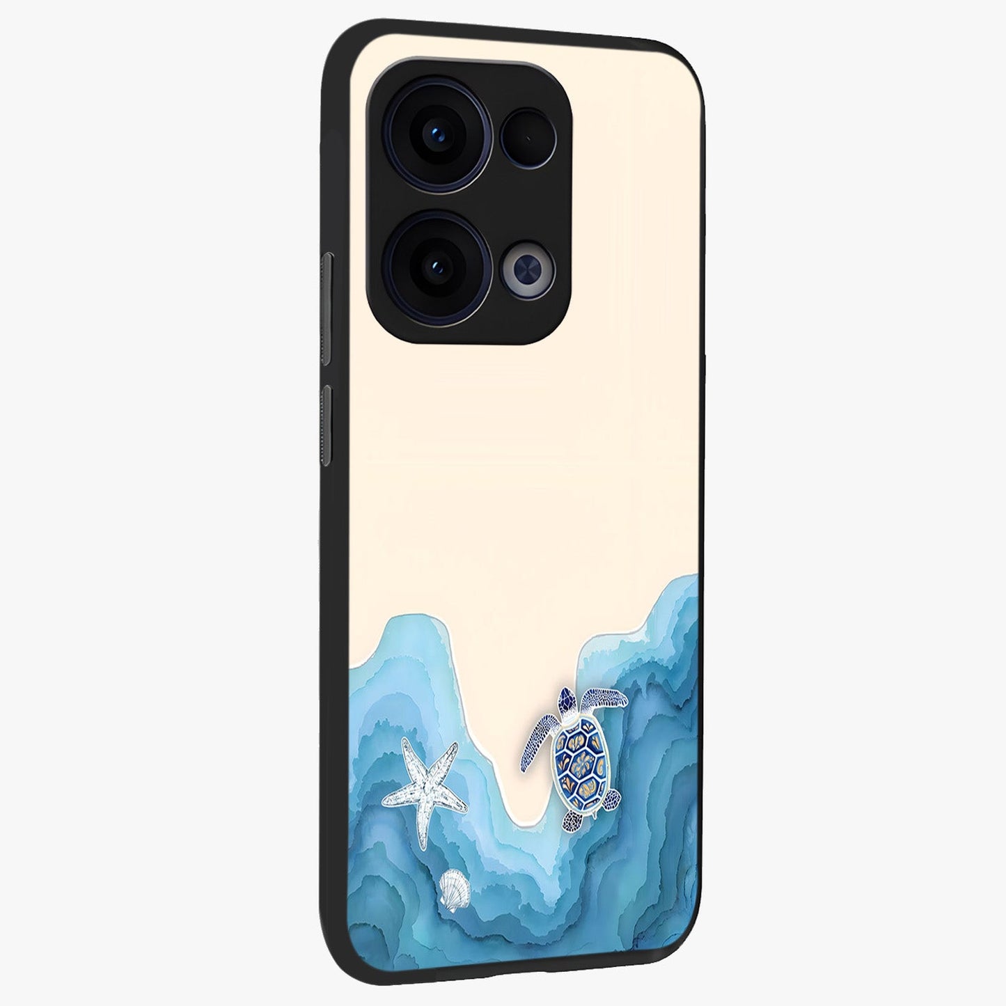 Ocean Drift Turtle Glass Case upright view showcasing calm underwater turtle artwork with nature inspired theme.