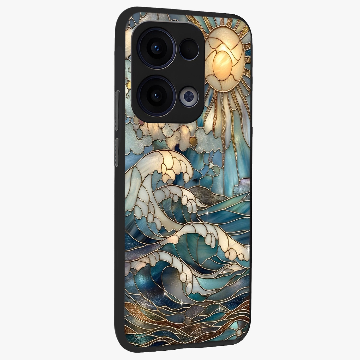 Oceanic Stained Printed Glass Case upright view showcasing decorative ocean pattern artwork with vibrant marine theme.