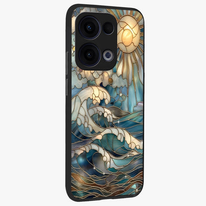 Oceanic Stained Printed Glass Case upright view showcasing decorative ocean pattern artwork with vibrant marine theme.