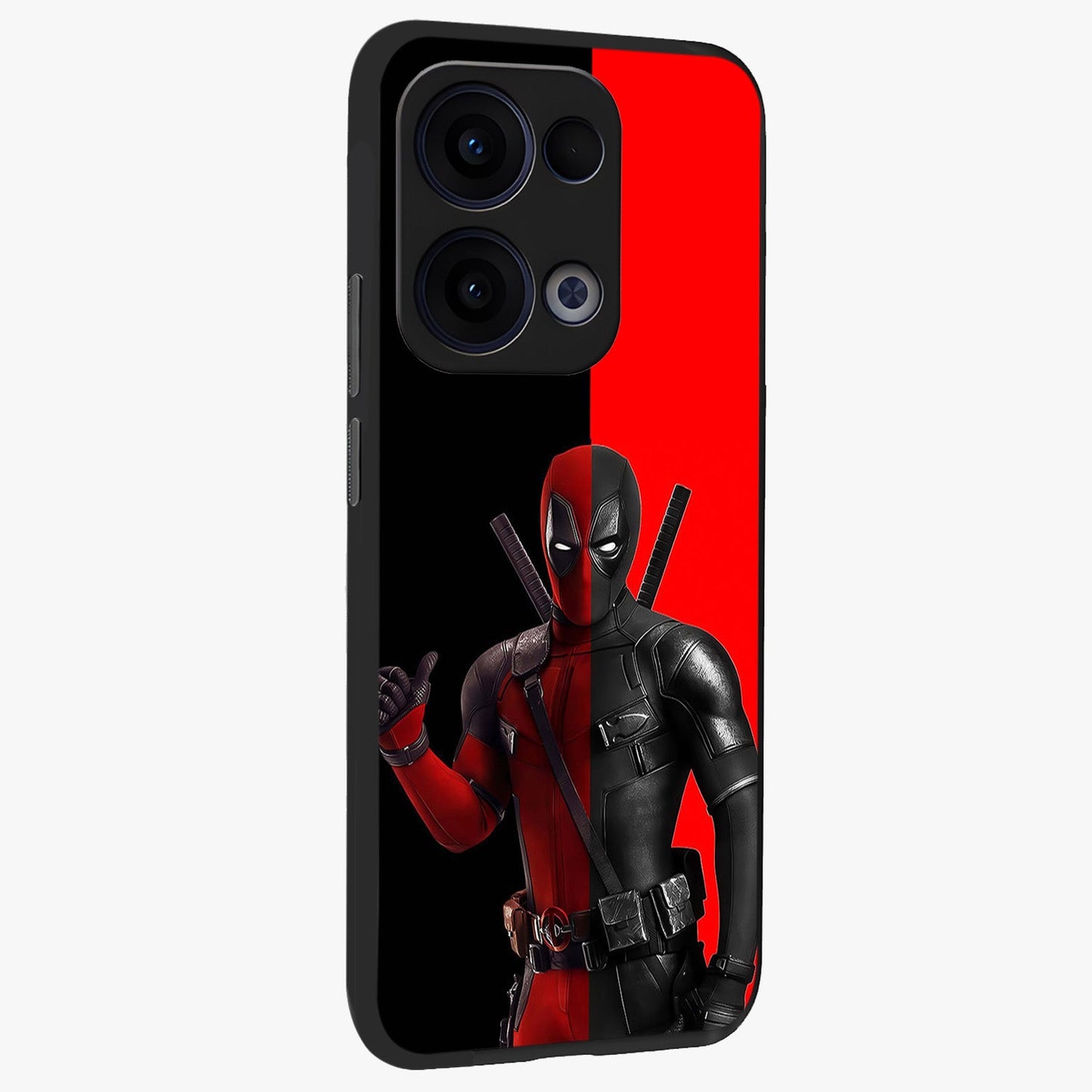 Red & Black Deadpool Theme Glass Case upright view showcasing energetic comic themed artwork with striking red and black design.