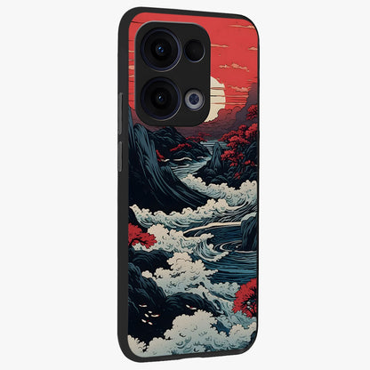 Red Sunset Scenery Glass Case upright view showcasing dramatic sunset scenery artwork with warm nature theme.