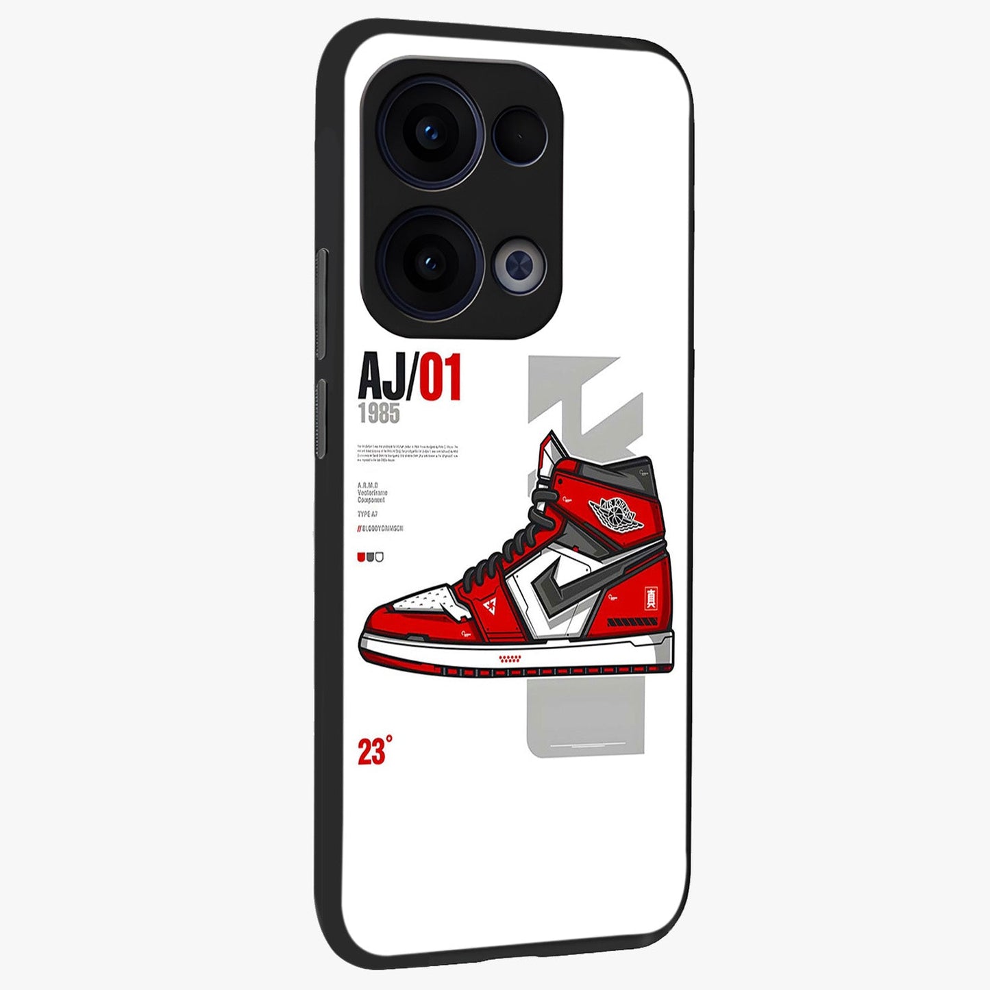 Retro Sneaker Blueprint Glass Case upright view showcasing stylish sneaker illustration with vintage streetwear theme.