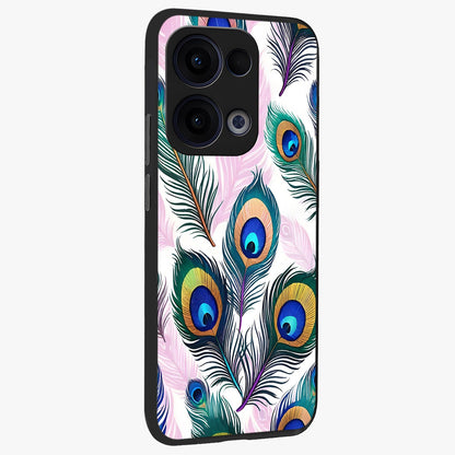 Royal Peacock Feathers Glass Case upright view showcasing elegant peacock feather artwork with decorative royal theme.