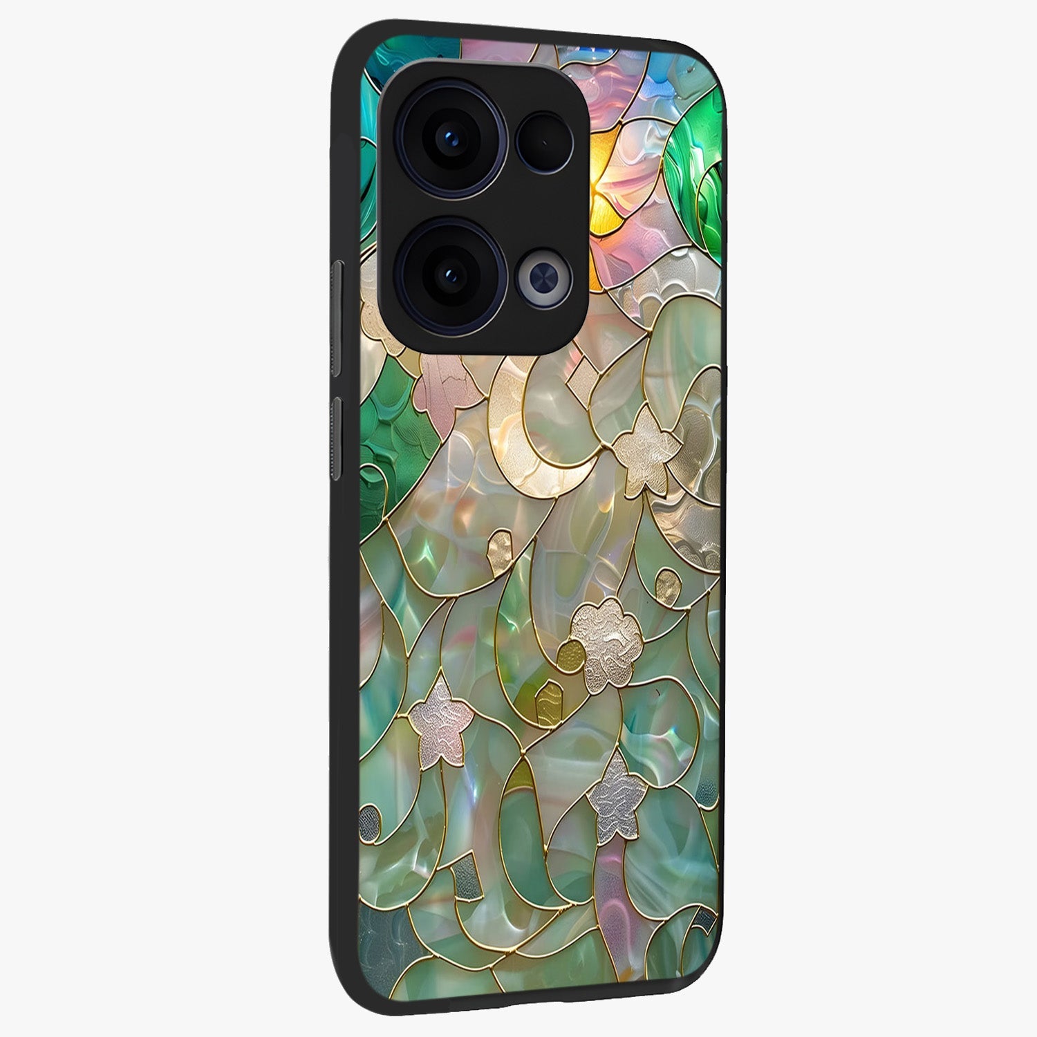 Stained Sunrise Glow Glass Case upright view showcasing colorful sunrise artwork with warm morning theme.