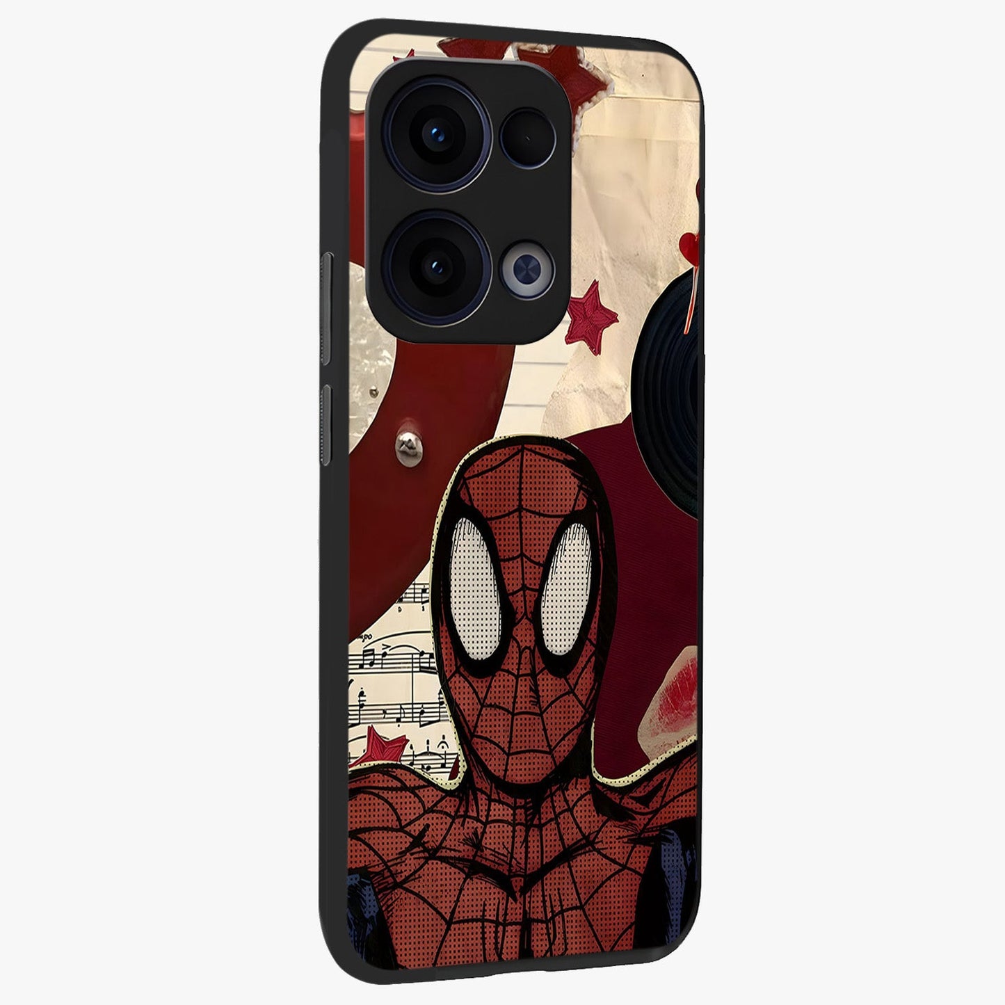 Web Warrior Vibes Glass Case upright view showcasing energetic superhero artwork with bold action theme.