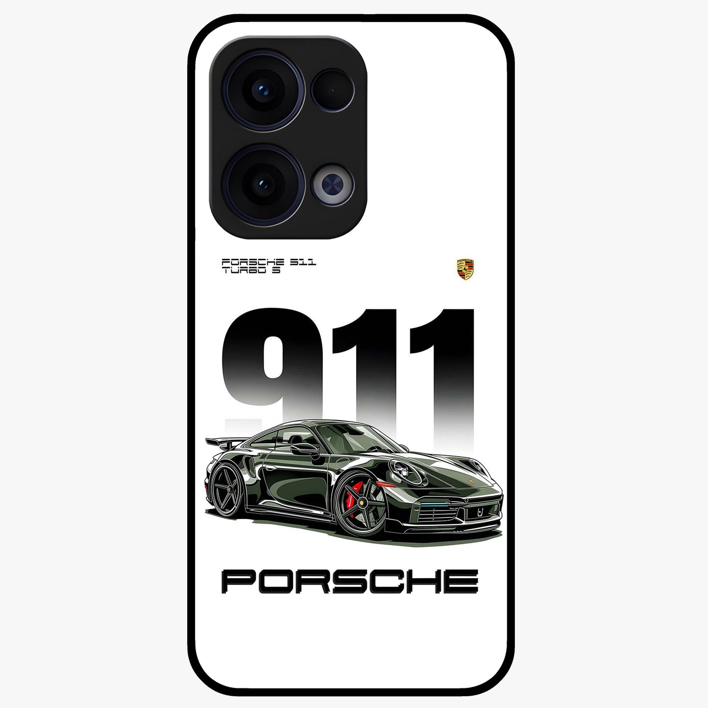 911 Turbo Dominance Glass Case showing clean flat back view with bold 911 sports car artwork and glossy glass finish.