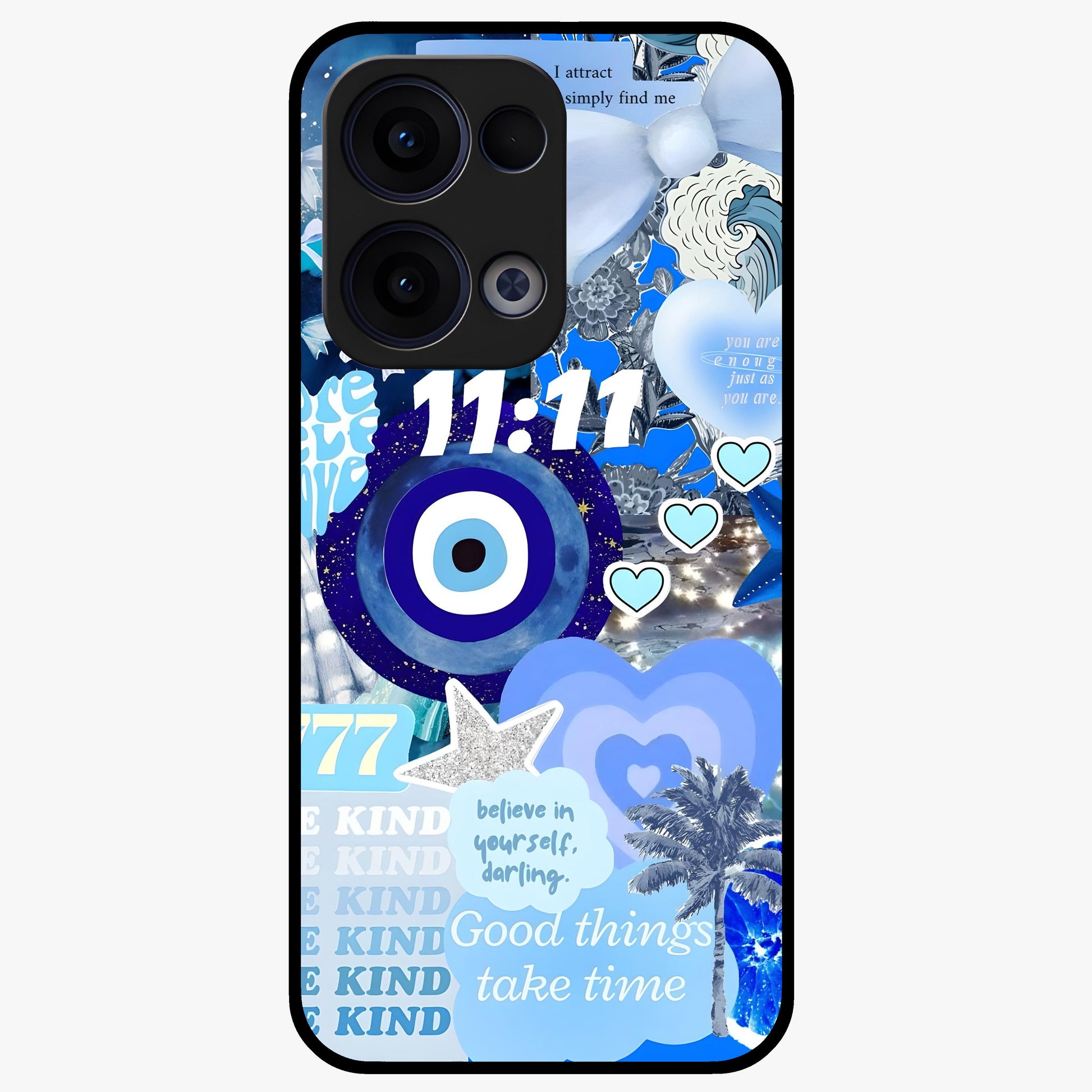 Aesthetic Be Kind Eye Glass Case showing flat back view with motivational eye artwork and glossy glass finish.