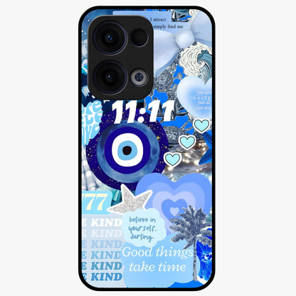 Aesthetic Be Kind Eye Glass Case showing flat back view with motivational eye artwork and glossy glass finish.