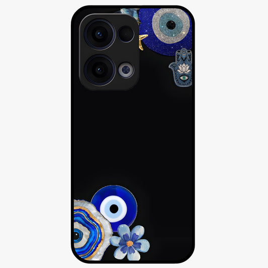 Aesthetic Blue Evil Eye Glass Case showing flat back view with protective evil eye artwork and glossy glass finish.
