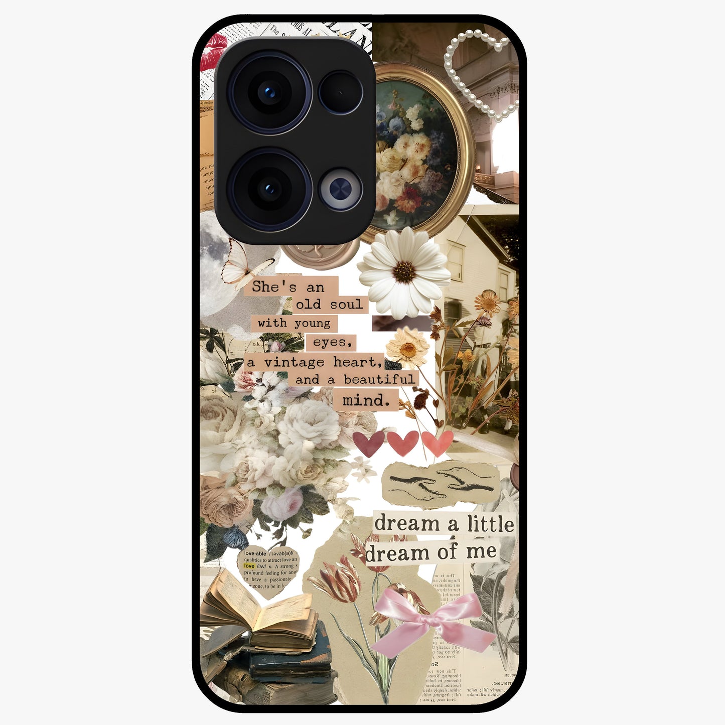 Aesthetic Brown Vintage Collage Glass Case showing flat back view with retro collage artwork and glossy glass finish.
