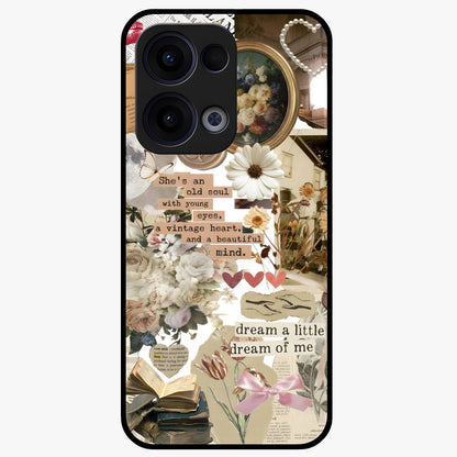 Aesthetic Brown Vintage Collage Glass Case showing flat back view with retro collage artwork and glossy glass finish.