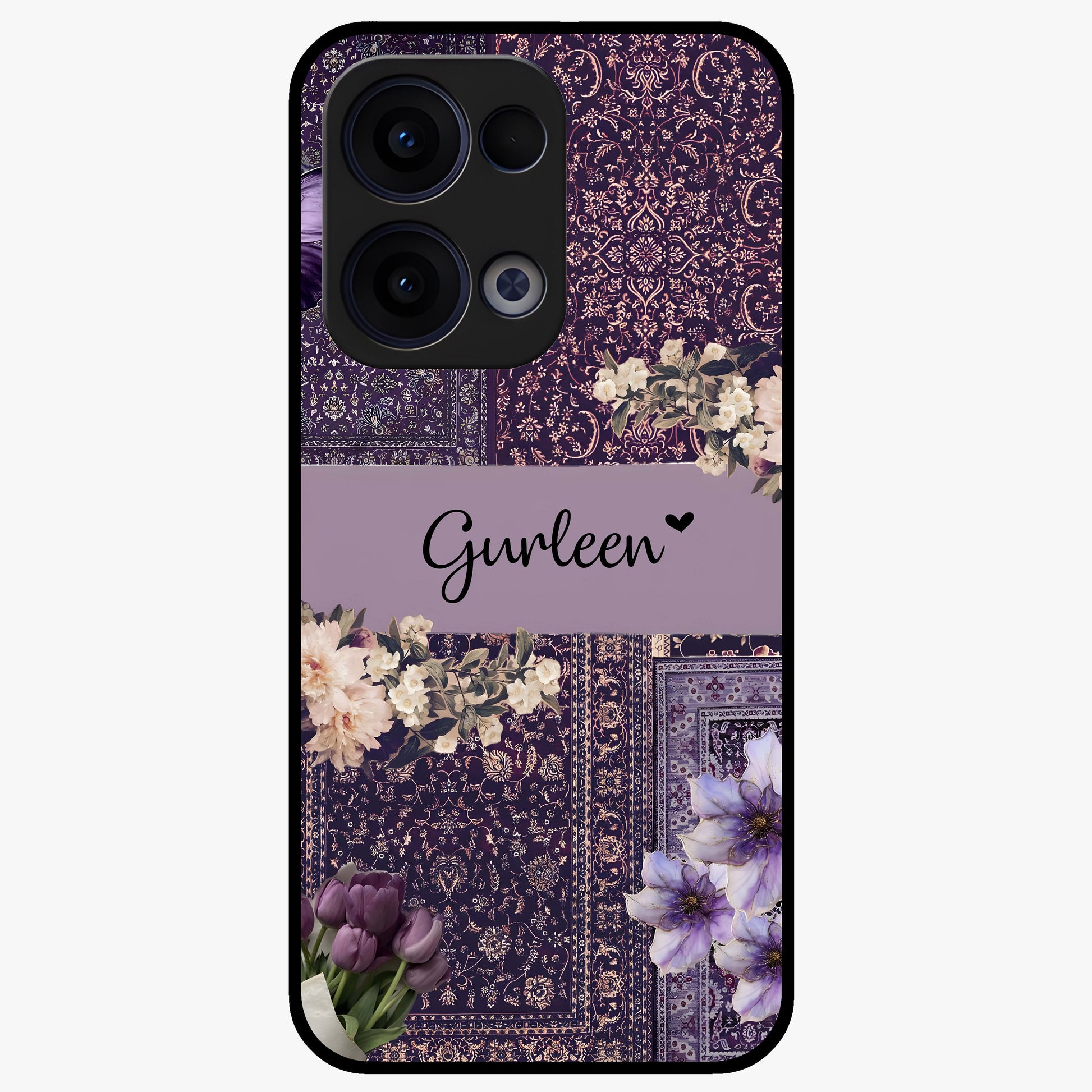 Antique Floral Whisper Custom Name Glass Case showing flat back view with vintage floral artwork and personalized name design.