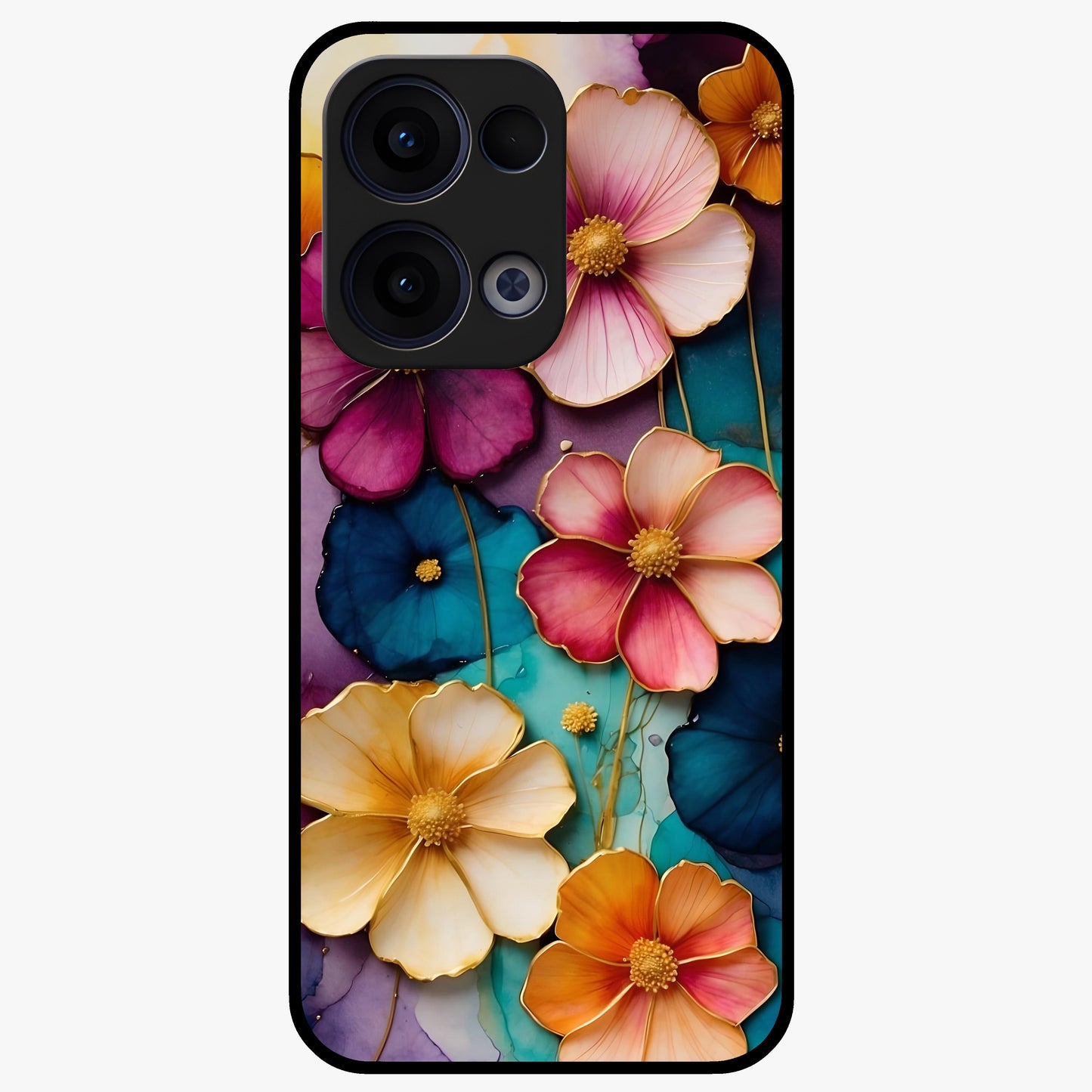 Artlyn Grace Flower Pattern Glass Case showing flat back view with elegant floral pattern artwork and glossy glass finish.