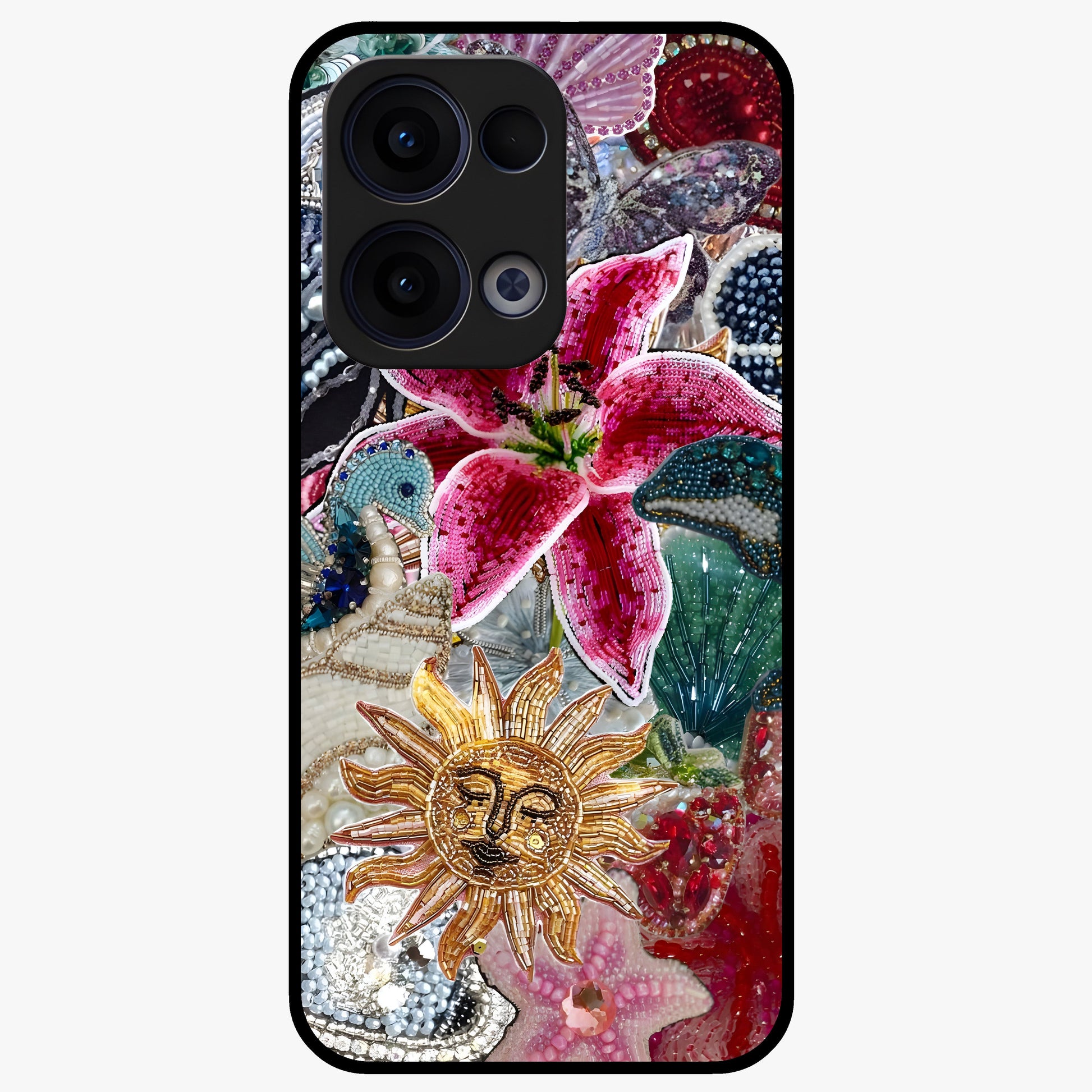 Beaded Garden Fantasy Glass Case showing flat back view with dreamy garden bead artwork and glossy glass finish.