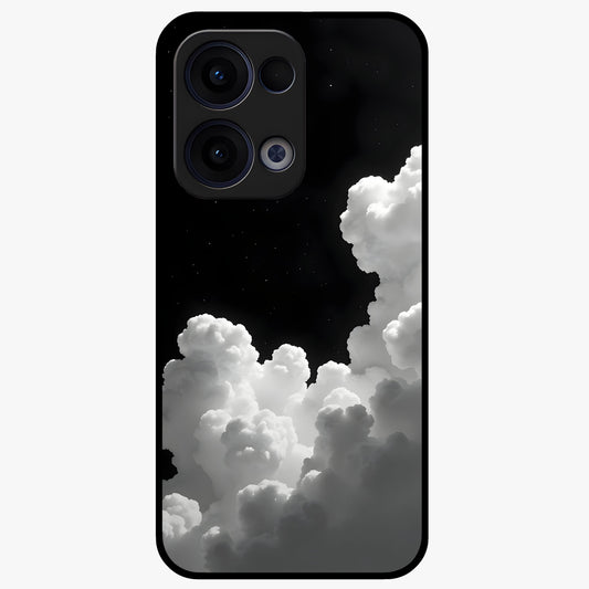 Black Background With White Cloud Glass Case showing flat back view with minimal cloud artwork on dark background and glossy glass finish.