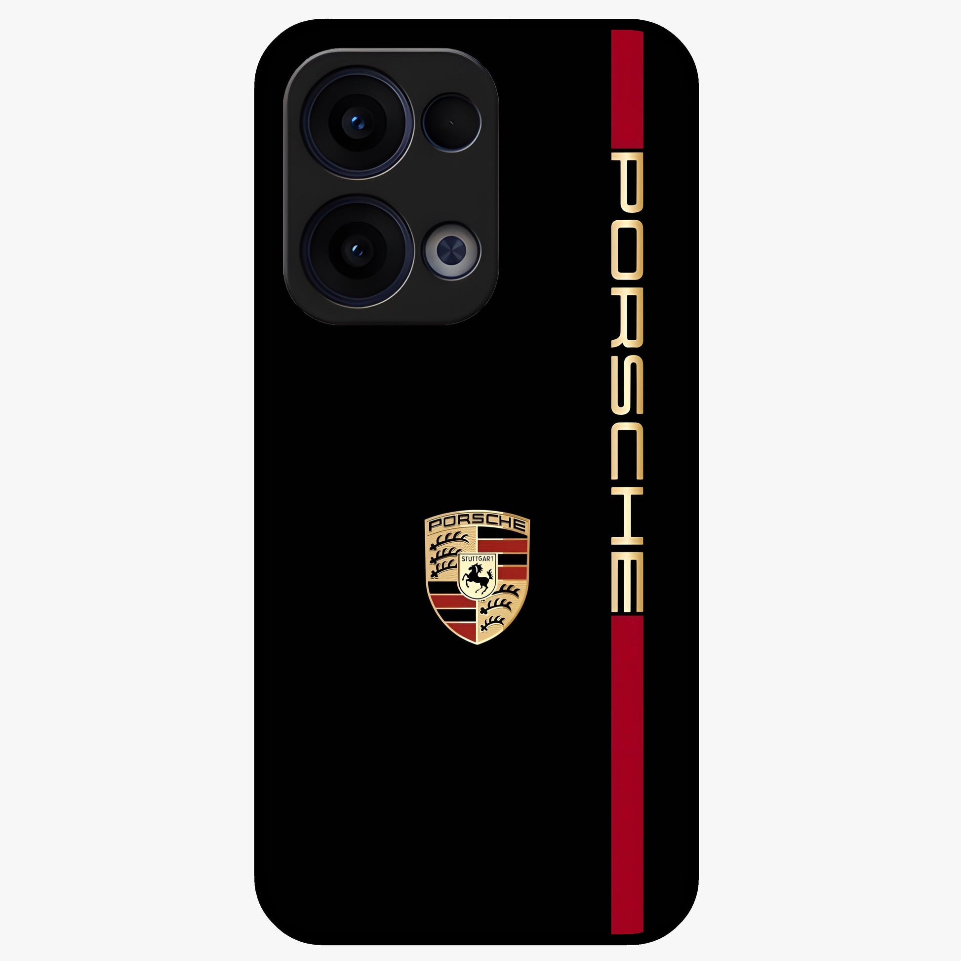 Black Minimal Porsche Glass Case showing flat back view with sleek minimal sports car artwork and glossy glass finish.