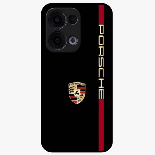 Black Minimal Porsche Glass Case showing flat back view with sleek minimal sports car artwork and glossy glass finish.