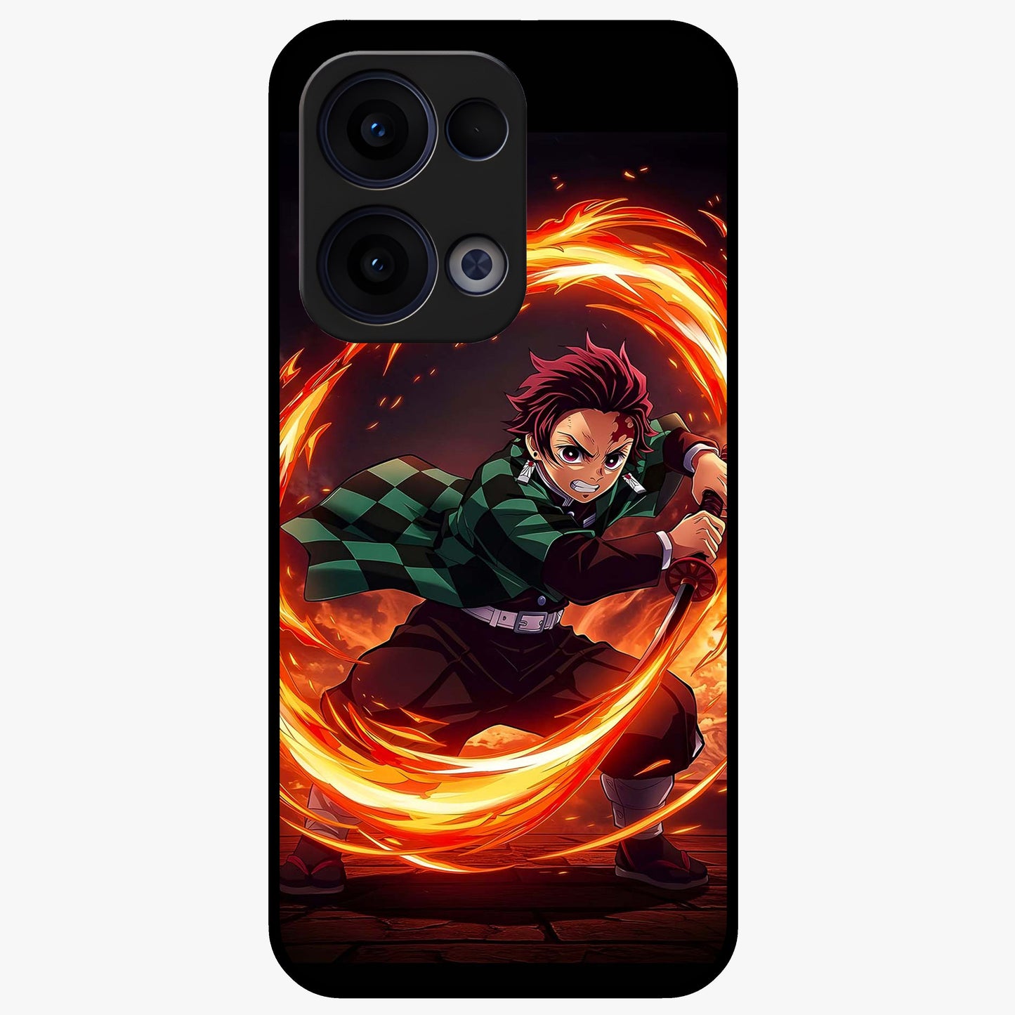 Blazing Sword Resolve Glass Case showing flat back view with fiery sword artwork and glossy glass finish.