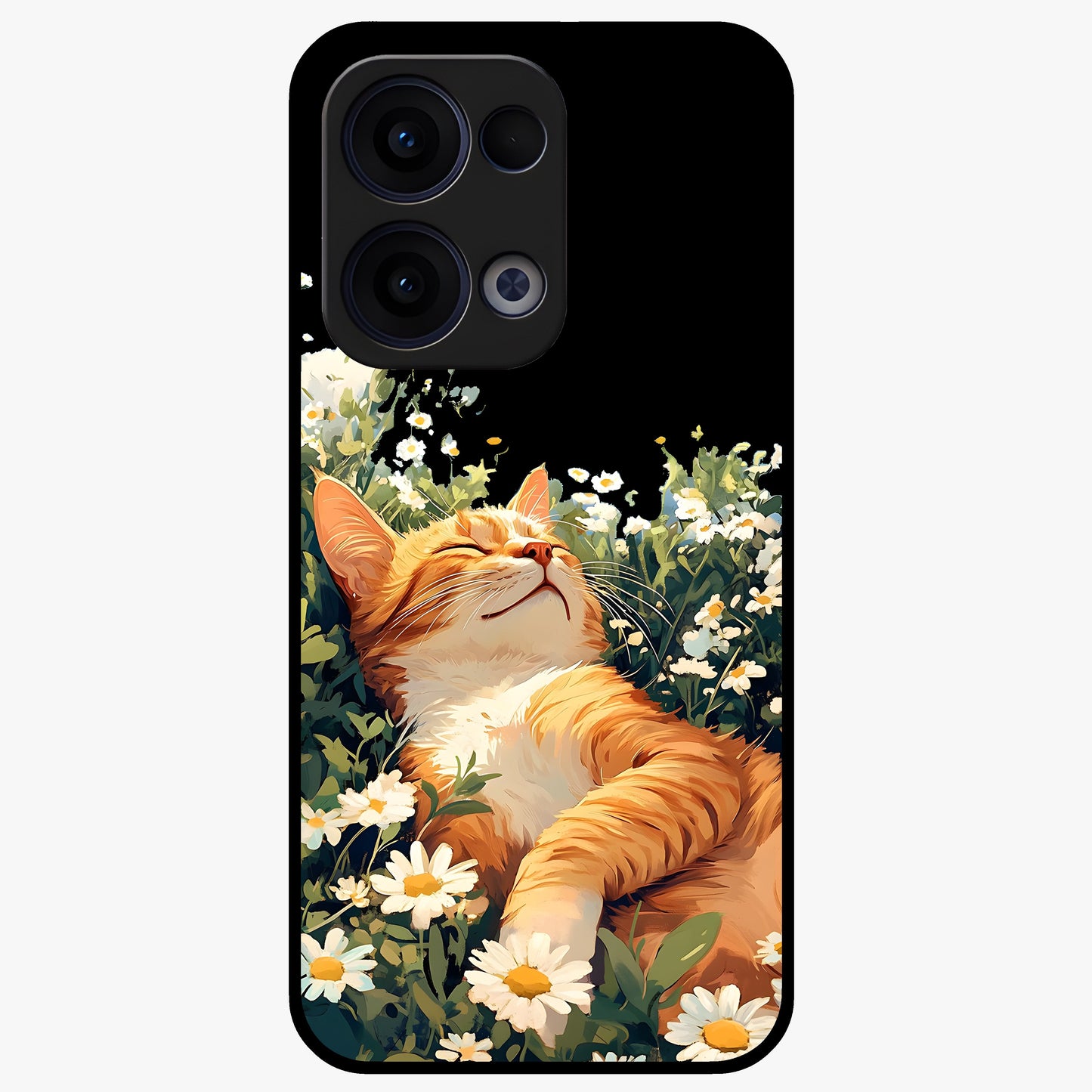 Blissful Bloom Cat Glass Case showing flat back view with cute cat and floral bloom artwork and glossy glass finish.