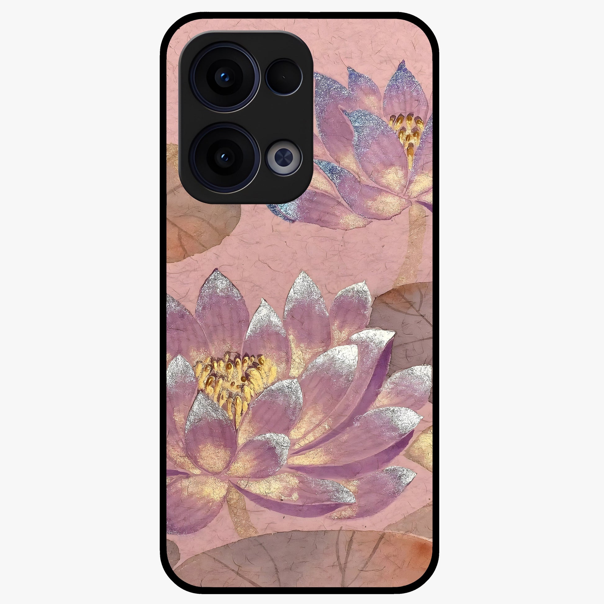 Blossom Mist Lotus Glass Case showing flat back view with serene lotus blossom artwork and glossy glass finish.