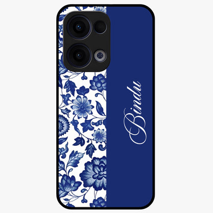 Blue Vintage Floral Pattern Glass Case upright view showcasing timeless floral illustration with vintage inspired style.