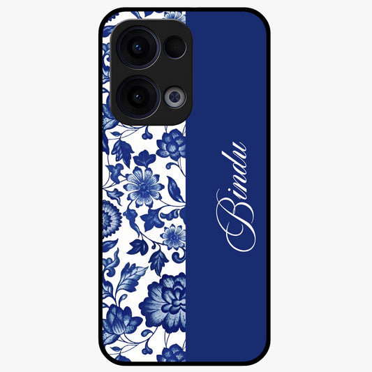 Blue Vintage Floral Pattern Glass Case upright view showcasing timeless floral illustration with vintage inspired style.