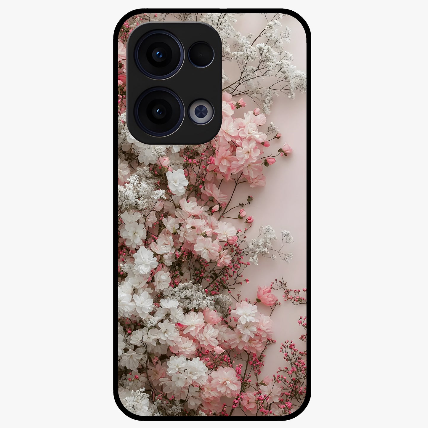 Blush Blossom Cloud Glass Case showing flat back view with dreamy blush cloud blossom artwork and glossy glass finish.