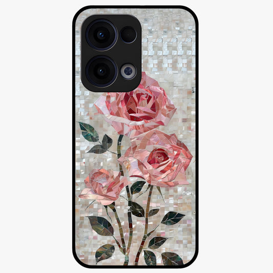 Blush Mosaic Bloom Glass Case showing flat back view with mosaic floral bloom artwork and glossy glass finish.