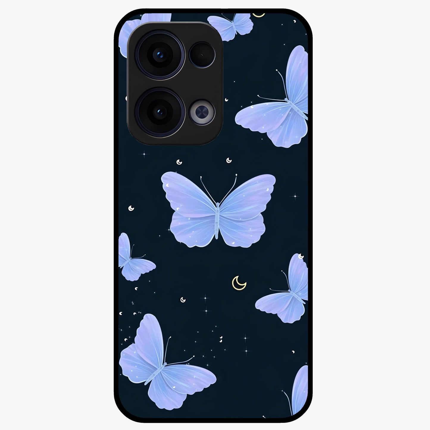 Butterfly With Stars Pattern Glass Case showing flat back view with butterfly and star pattern artwork and glossy glass finish.