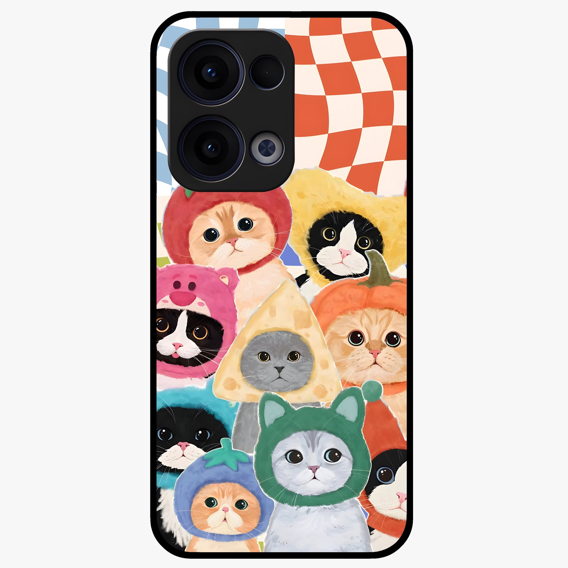 Cats in Fruits Glass Case showing flat back view with playful cat illustrations inside fruit artwork and glossy glass finish.