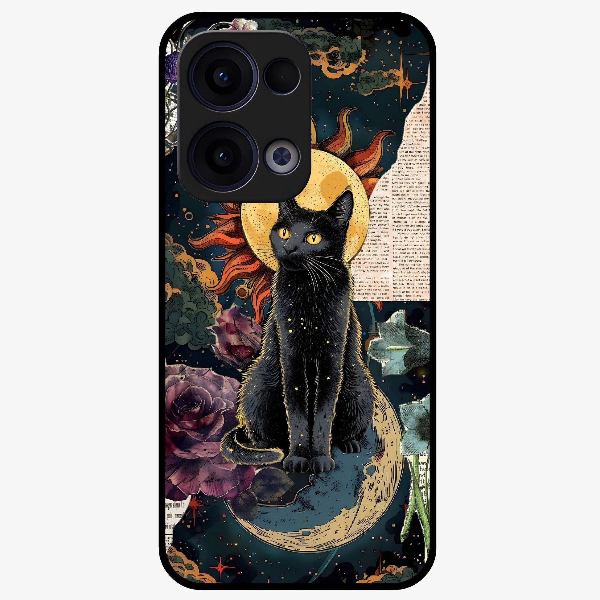 Celestial Black Cat Glass Case showing flat back view with mystical black cat artwork and glossy glass finish.