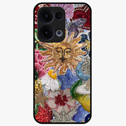 Celestial Floral and Playful Glass Case showing flat back view with floral and celestial themed artwork and glossy glass finish.