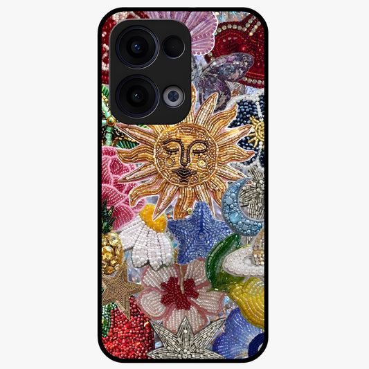 Celestial Floral and Playful Glass Case showing flat back view with floral and celestial themed artwork and glossy glass finish.