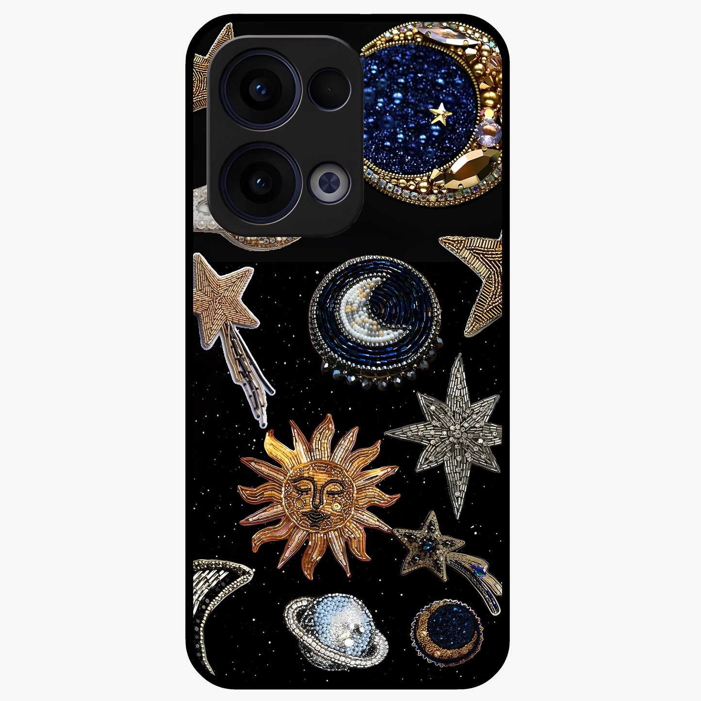 Celestial Gem Constellations Glass Case showing flat back view with sparkling constellation artwork and glossy glass finish.