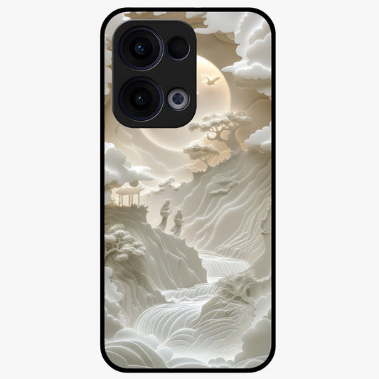Celestial Origami Glass Case showing flat back view with artistic origami inspired celestial artwork and glossy glass finish.