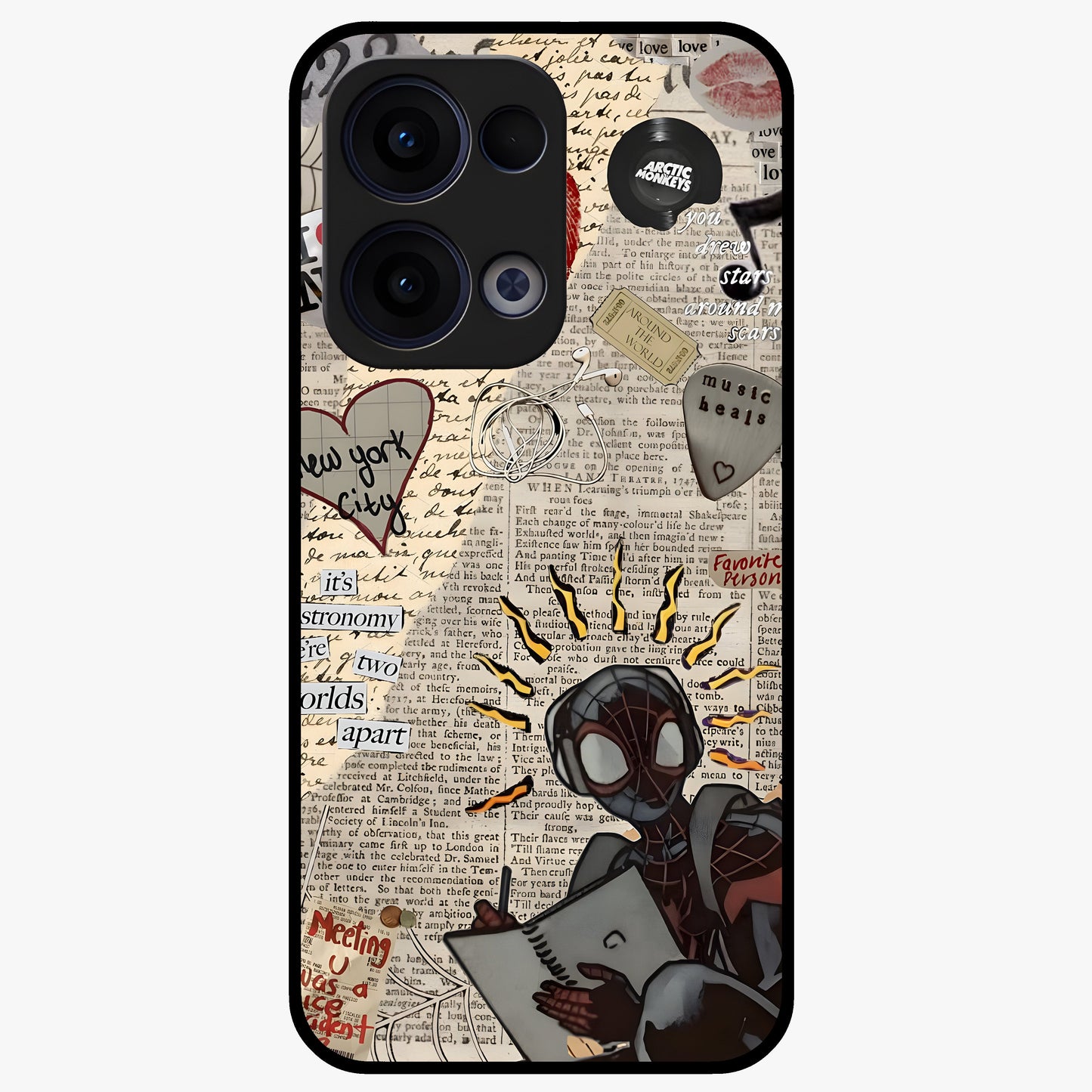 City Dream Sketch Glass Case showing flat back view with artistic city skyline sketch artwork and glossy glass finish.
