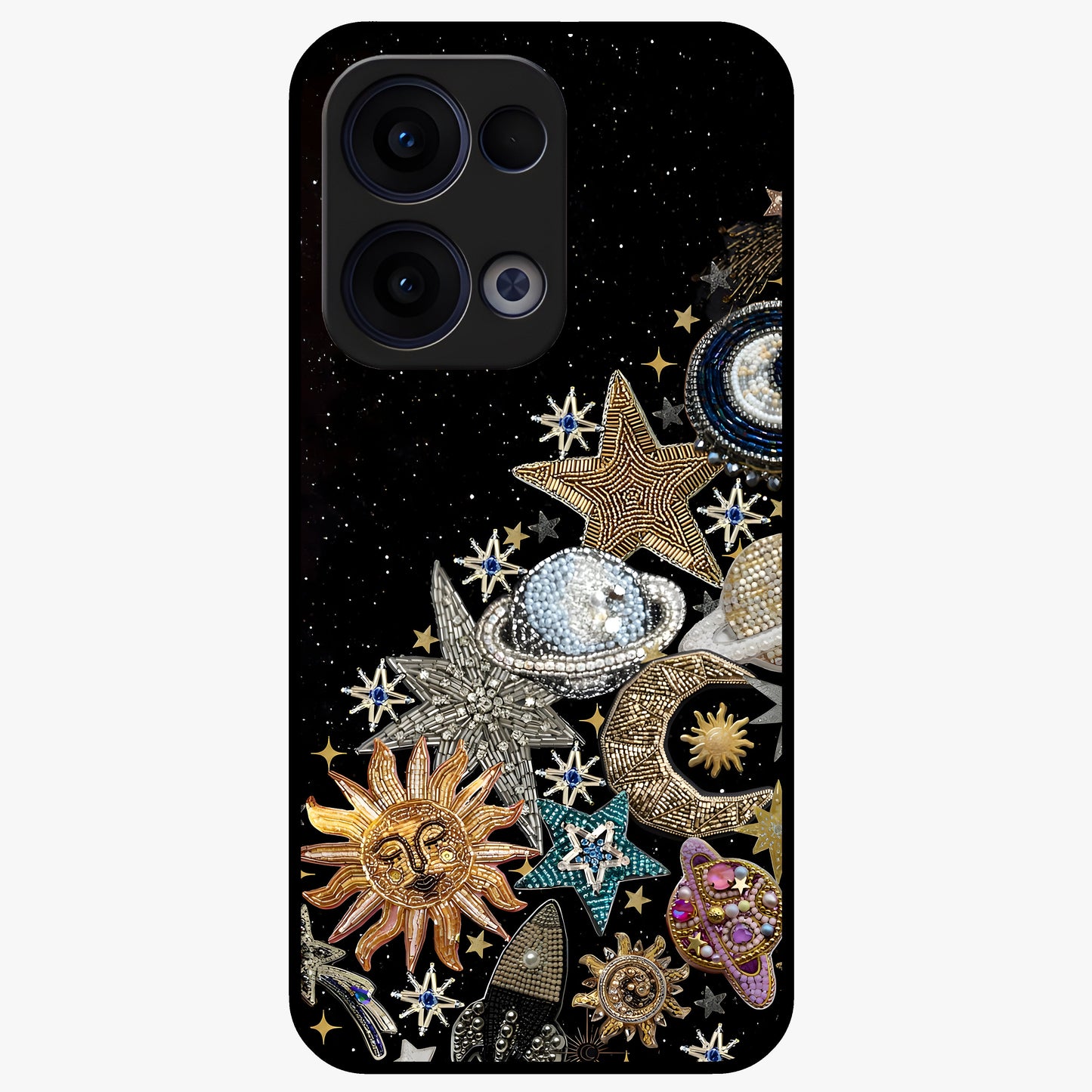 Cosmic Sparkle Dreams Glass Case showing flat back view with sparkling cosmic artwork and glossy glass finish.