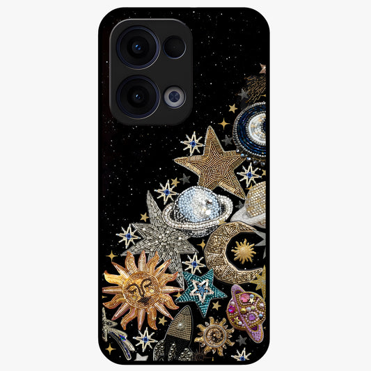Cosmic Sparkle Dreams Glass Case showing flat back view with sparkling cosmic artwork and glossy glass finish.
