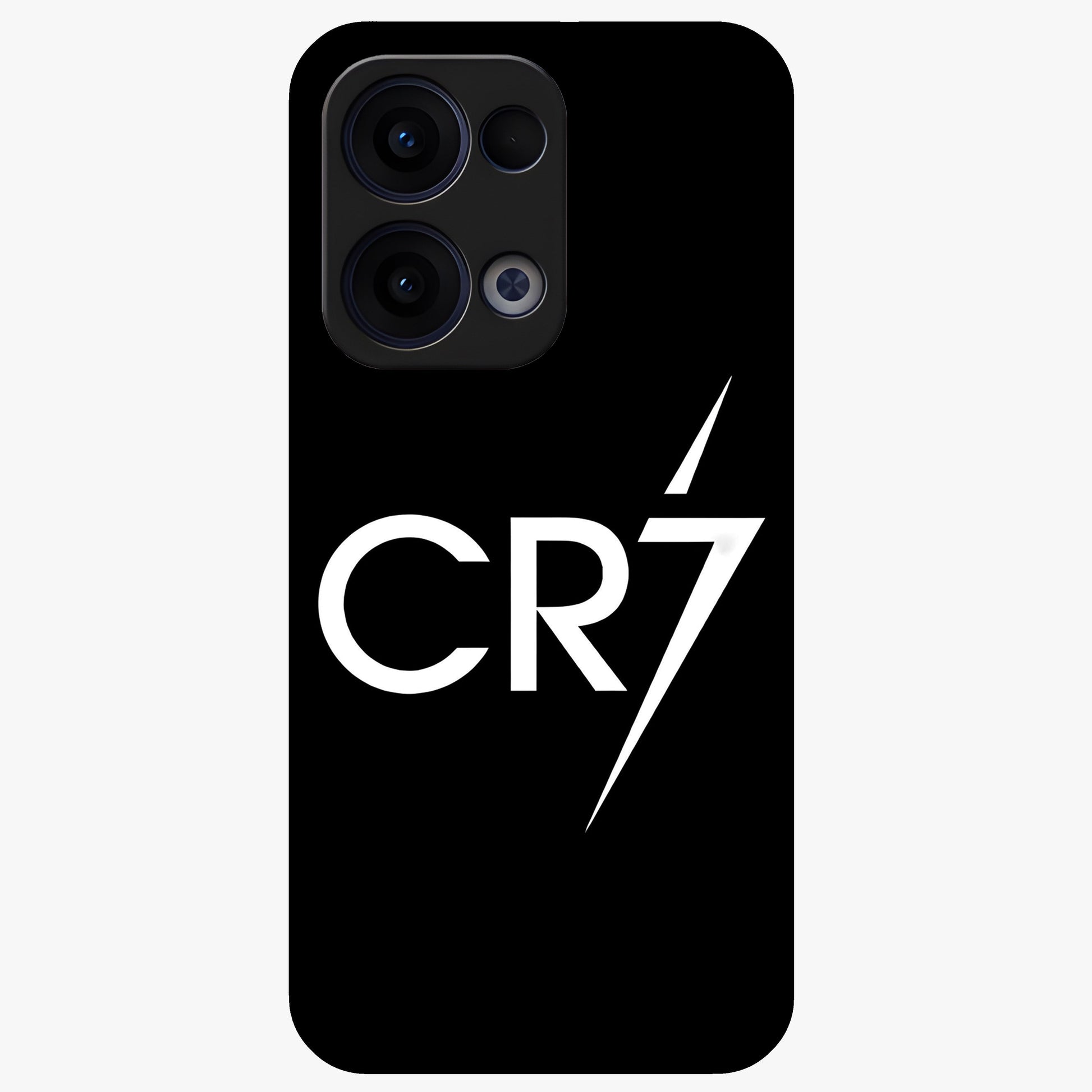 Cr7 Elite Strike Glass Case showing flat back view with dynamic football inspired artwork and glossy glass finish.