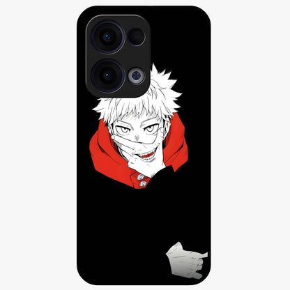 Crimson Chaos Smile Glass Case showing flat back view with bold chaotic smile artwork and glossy glass finish.